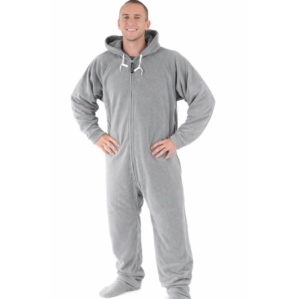 Forever Lazy Gray Fleece Adult Onesie Hooded Footed Jumpsuit Drop Seat Large NWT